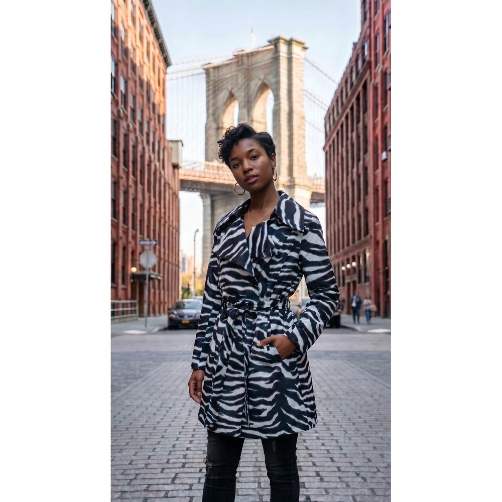 Zebra Print Trench Coat Womens XL Black White Double Breasted Belted VTG